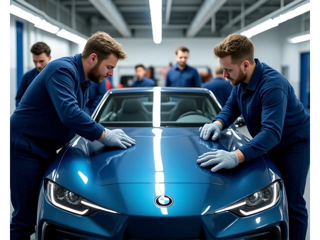 Équipe de LueurVive en train de faire du detailing haute performance dans un atelier professionnel.
